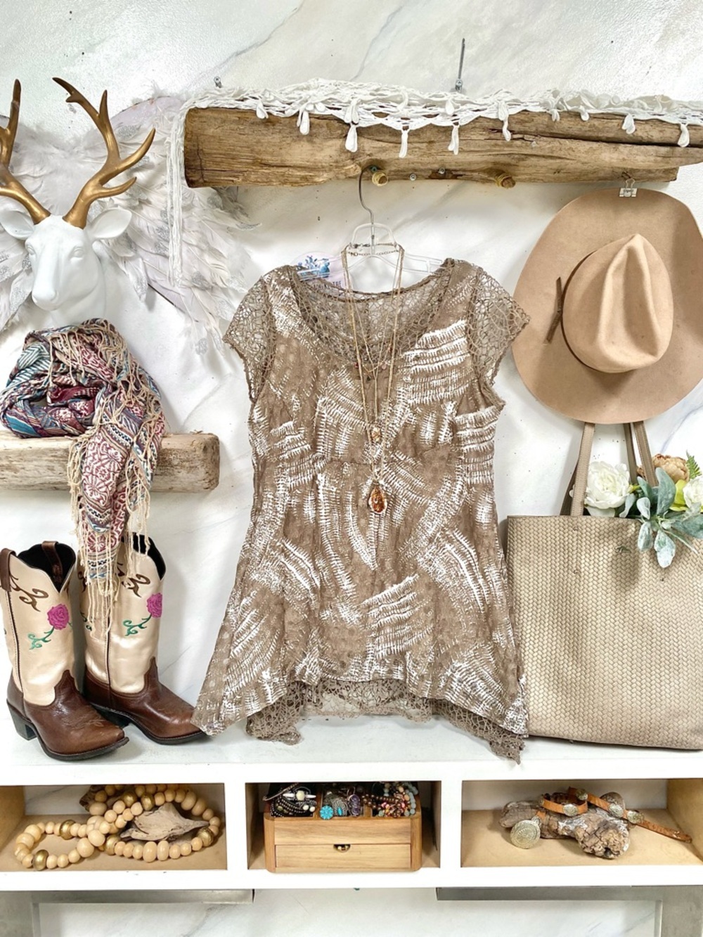 Mesh semi sheer boho tunic blouse w shabby chic resort vacay botanical vibe